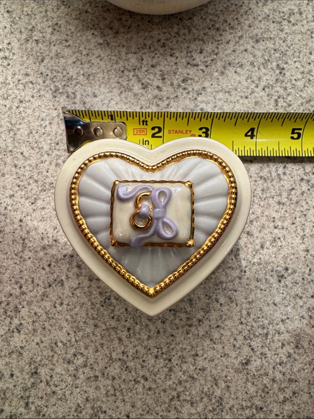 Lenox Heart-Shaped Porcelain Trinket Box with Gold Beading and Lavender Accent